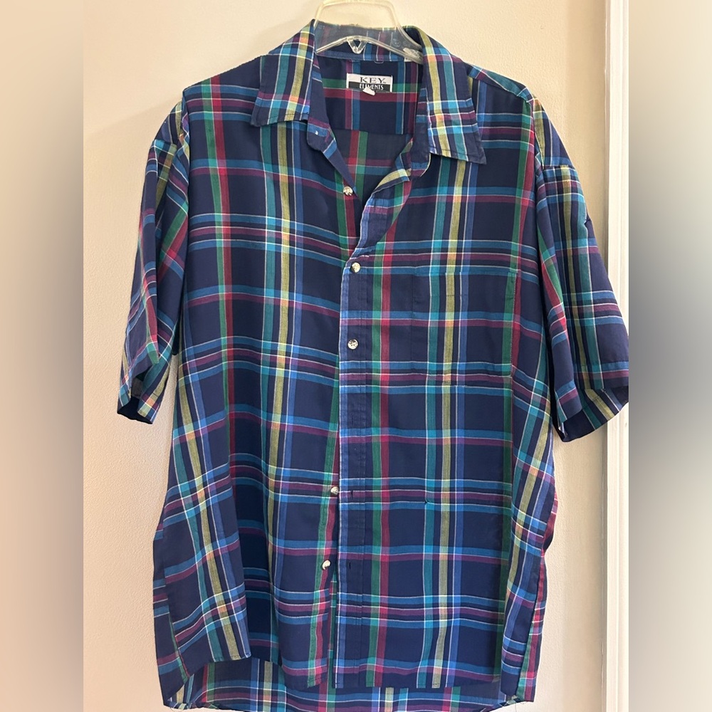 Hickey Freeman Navy Plaid Short Sleeve Button-Down Shirt